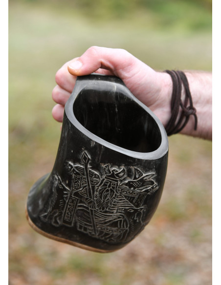 Viking mead jug Odin design, wooden base