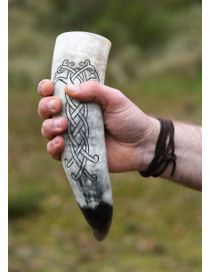 Viking horn carved design of Raven and Knot 2