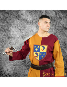 Medieval two-tone heraldic shield tabard, mustard-burgundy