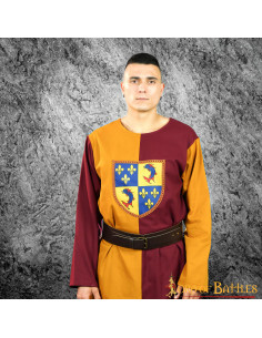 Medieval two-tone heraldic shield tabard, mustard-burgundy 2