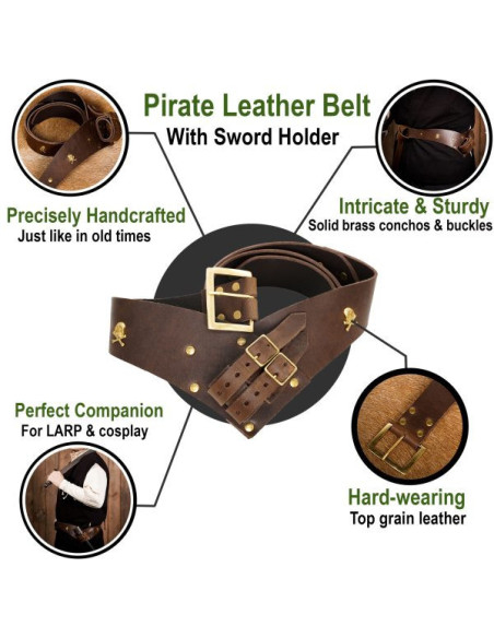 Skull pirate leather belt with baldric