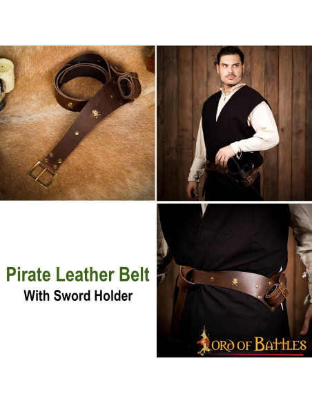 Skull pirate leather belt with baldric