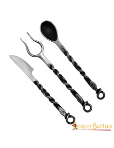 Set of medieval cutlery, fork, knife and spoon