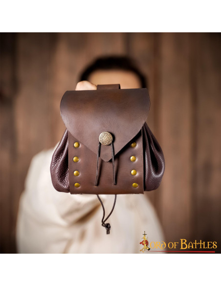 Medieval leather belt bag with aged...