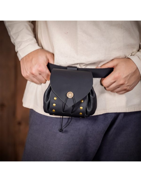 Medieval leather belt bag with aged...