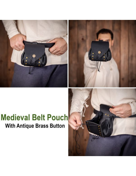 Medieval leather belt bag with aged...