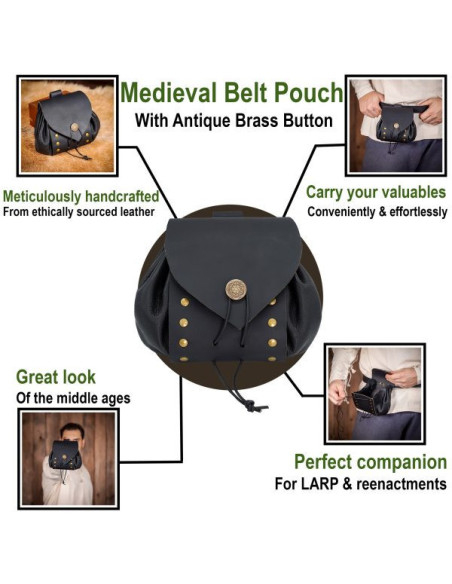 Medieval leather belt bag with aged...
