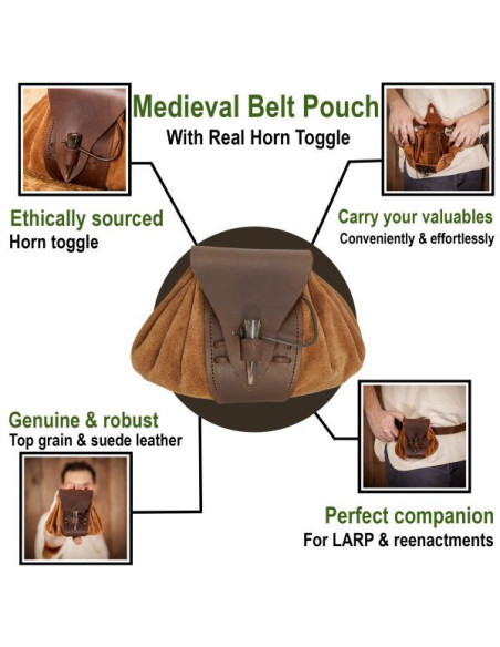 Medieval leather belt bag with horn...