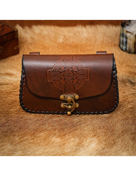 Embossed Celtic cross leather bag, brown