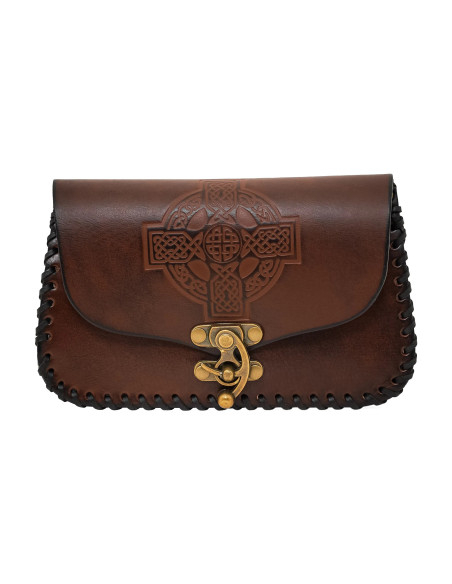 Embossed Celtic cross leather bag, brown