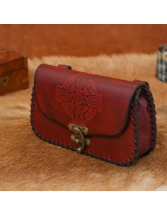 Embossed Celtic cross leather bag, maroon color