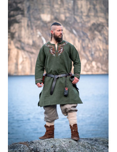Snorri Viking tunic with Urnes style hand embroidery, green