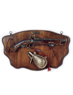 Wooden panoply with pistol and powder case