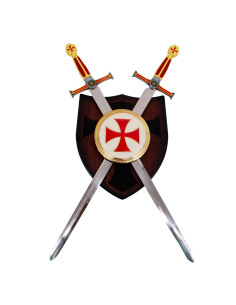 Templar panoply with 2 swords and shield, gold finish