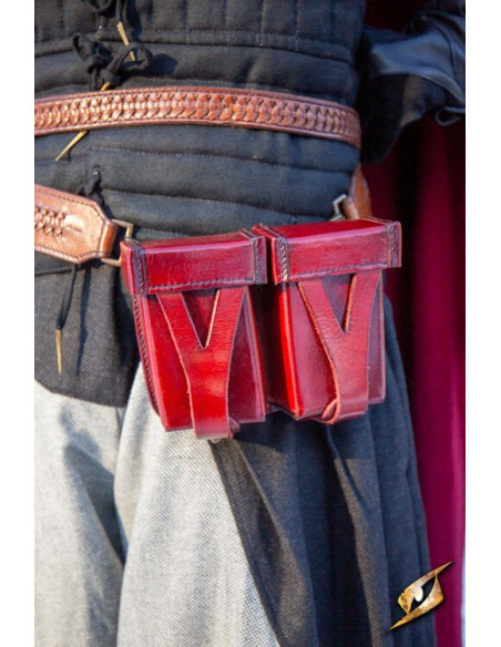 Medieval red rigid leather belt bag