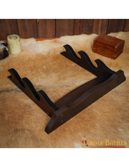 Three-tier wooden table stand for swords