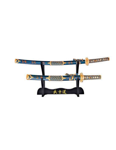 Samurai Katana, Wakizashi and stand pack, Blue-Gold