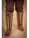 Medieval greaves in steel and split leather, brown