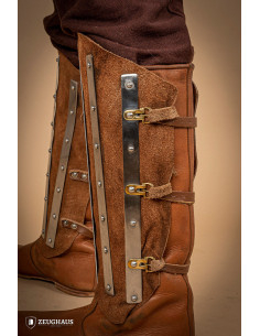Medieval greaves in steel and split leather, brown 2