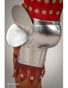 Medieval leg armor in steel and red leather 2