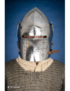 Medieval steel basin with visor lock