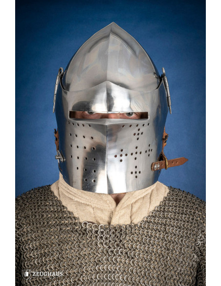 Medieval steel basin with visor lock Medieval steel basin with visor lock