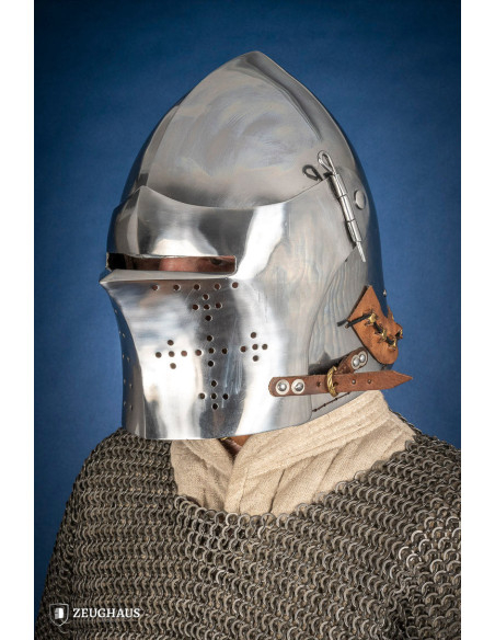 Medieval steel basin with visor lock Medieval steel basin with visor lock