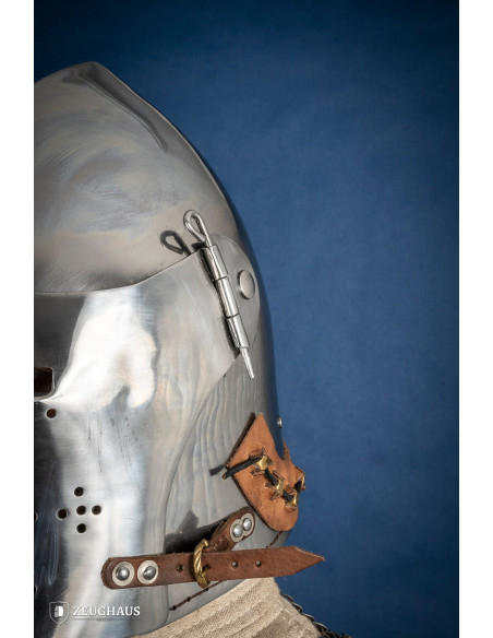 Medieval steel basin with visor lock Medieval steel basin with visor lock