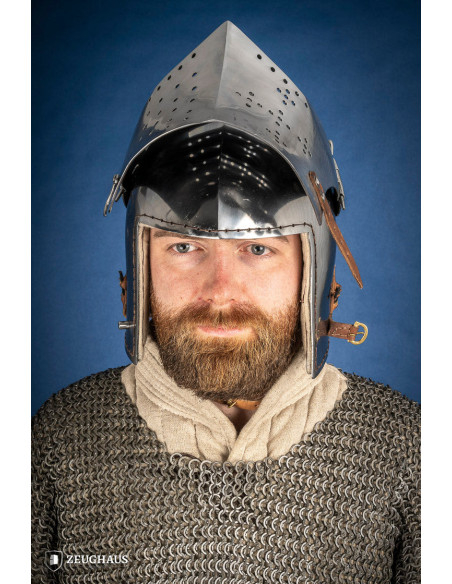 Medieval steel basin with visor lock Medieval steel basin with visor lock