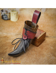 Medieval leather baldric for horns, maroon color