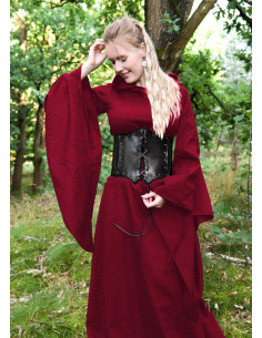 Long medieval dress with trumpet sleeves, red color