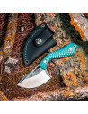 Pyrana knife, blue juma and black leather sheath
