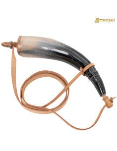 Medieval authentic horn powder flask with strap (36 cm.)