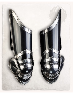 Leg armor made of blackened steel with silver edges