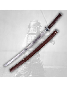Decorative katana with red sheath, with stand
