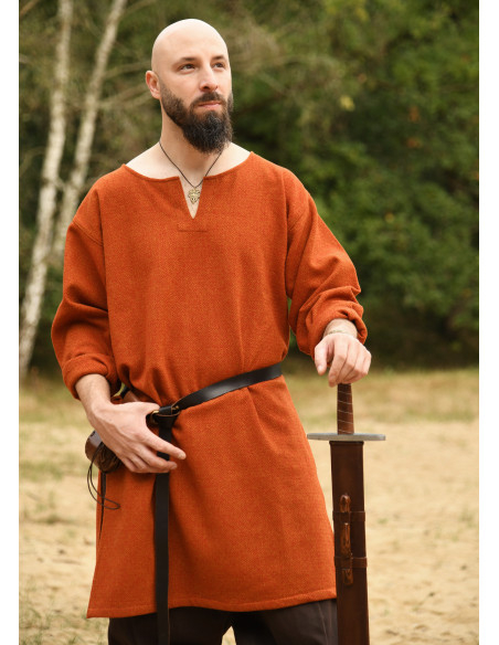 Long Viking wool tunic, orange color