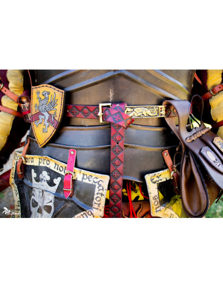 Skull-Cross Fantasy Belt in Red Leather