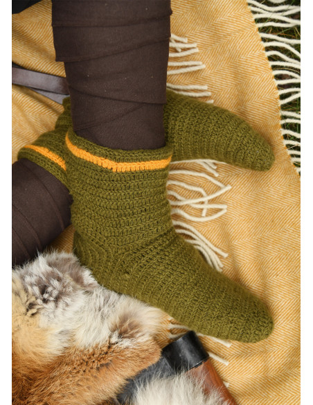 Wool Crochet Socks, green-yellow