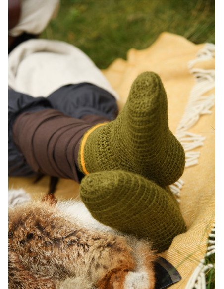 Wool Crochet Socks, green-yellow