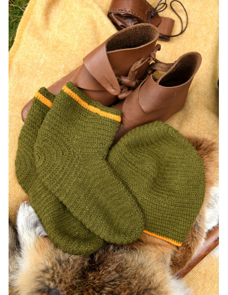 Wool Crochet Socks, green-yellow