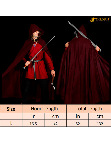 Medieval wool cloak with hood and clasp