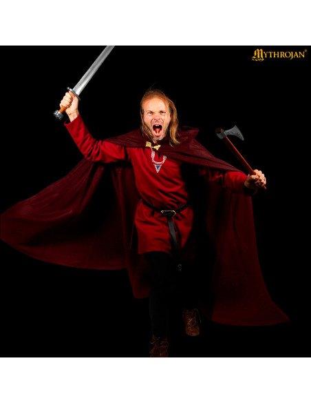 Medieval wool cloak with hood and clasp