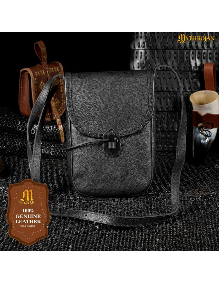 Medieval leather messenger bag, black