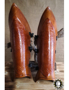 Medieval leather greaves model Senua, brown color