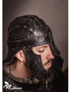 Baldur Spangenhelm helmet in leather, with engravings