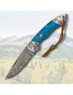 Albainox Damascus Knife Blue Resin Handle
