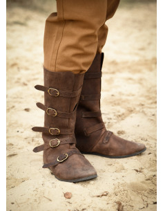 High medieval boots with buckle closure, brown