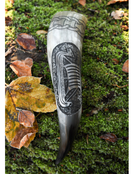 Drinking Horn Engraved Viking Ship