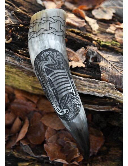 Drinking Horn Engraved Viking Ship