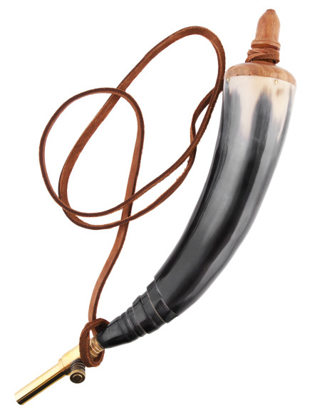 Horn powder flask with brass stopper...